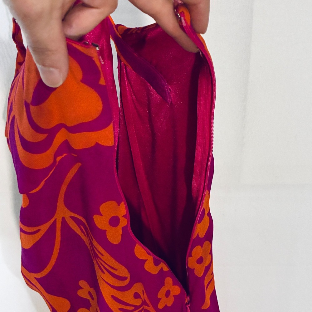 Y2K Sue Wong Silk Babydoll Slip Dress 10 Pink Orange Tropical Mod Retro 90s - Picture 8 of 15